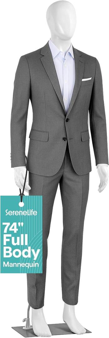 SereneLife 74" Male Mannequin Full Body Dress Form with Detachable Head, Hands and Legs, Adjustable Stand, 360 Degree Rotating Head, Tool Free Assembly for Clothing Display, Retail and Studio