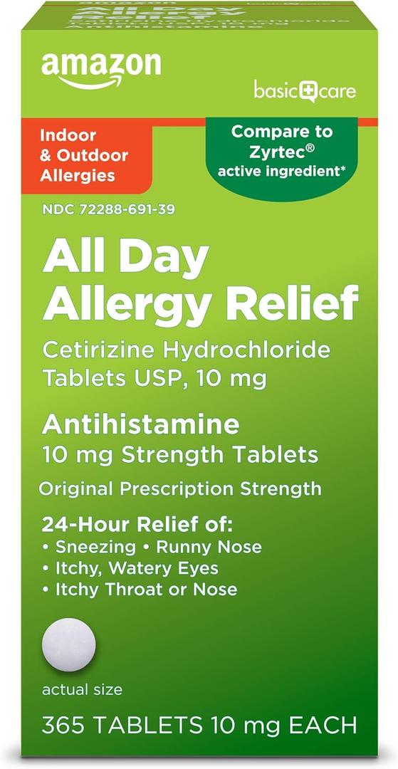 Amazon Basic Care All Day Allergy, Cetirizine Hydrochloride Tablets, Antihistamine, 10 mg, 365 Count EXP: Jan 2026
