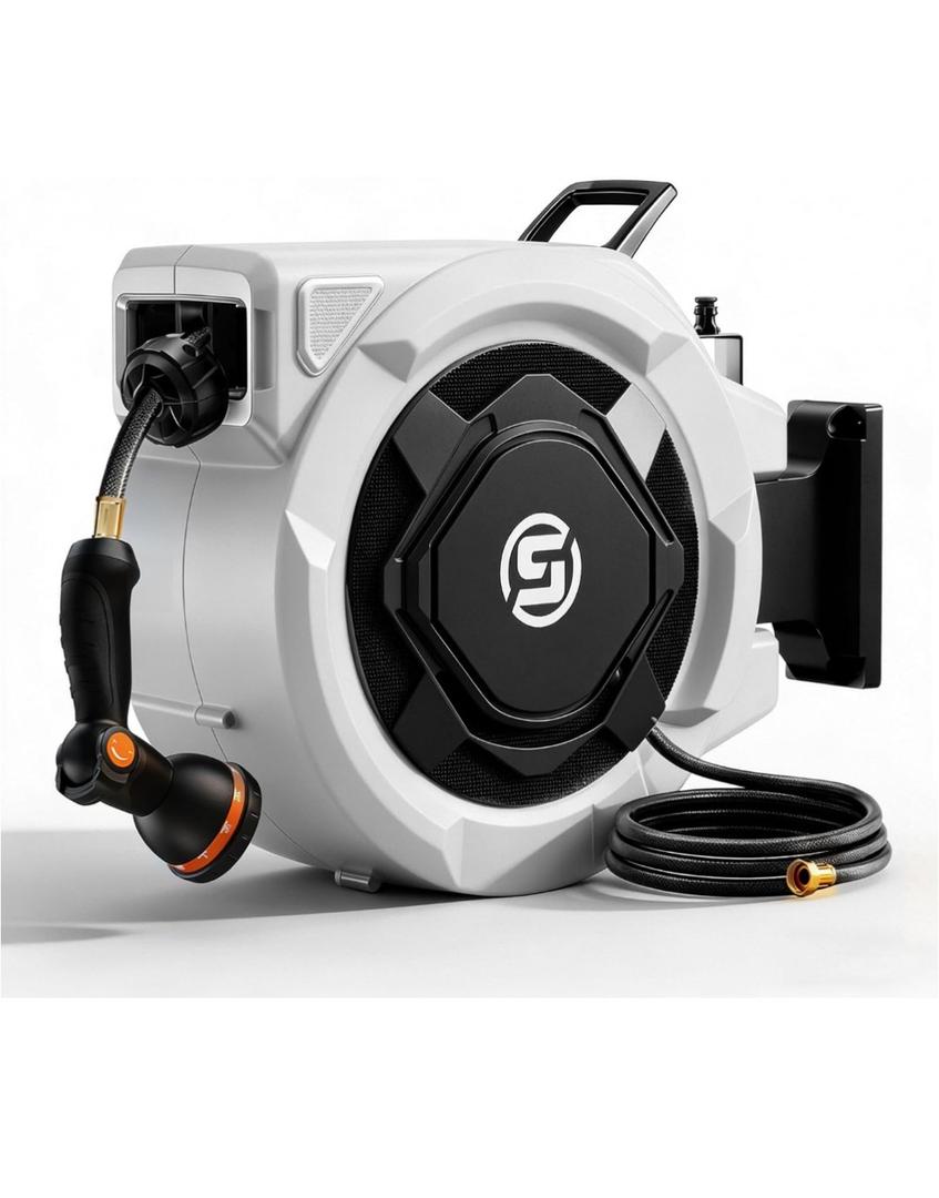 SUNPOW Retractable Garden Hose Reel - 1/2" x 100ft Wall Mounted Hose Reel with 3/4'' Brass Fitting & 10-Pattern Nozzle - Auto Slow Retraction, Any-Length Lock, 180°Swivel for Lawn & Gardening