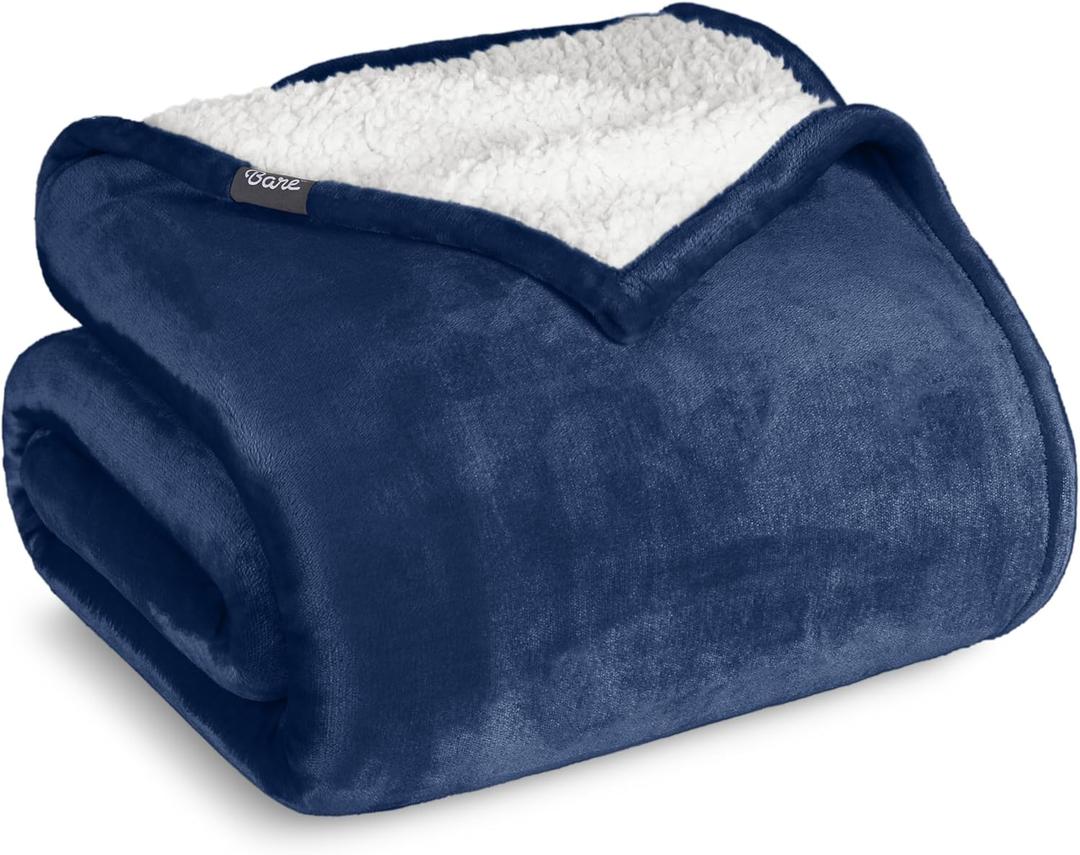 Bare Home Sherpa Fleece Blanket - Full/Queen Size - Blanket for Bed, Sofa, and Couch - Warm & Lightweight - Fluffy & Soft - Reversible (Full/Queen, Dark Blue)