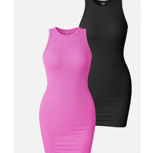 OQQ Women's 2 Piece Dress Sexy Ribbed Halter Neck Fashion Split Tank Tops Dresses Black Candypink XL