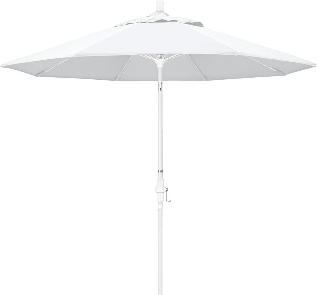 California Umbrella 9' Round Aluminum Pole Fiberglass Rib Market Umbrella, Crank Lift, Collar Tilt, White Pole, White Olefin