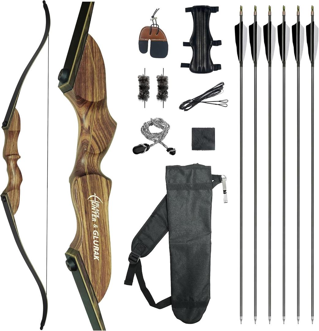 Black Hunter Recurve Bow and Arrow Set, GLURAK 60'' Wooden Takedown Recurve Bows Package, Archery Bow Kit for Target Practice and Hunting, Right Hand, 25Lb