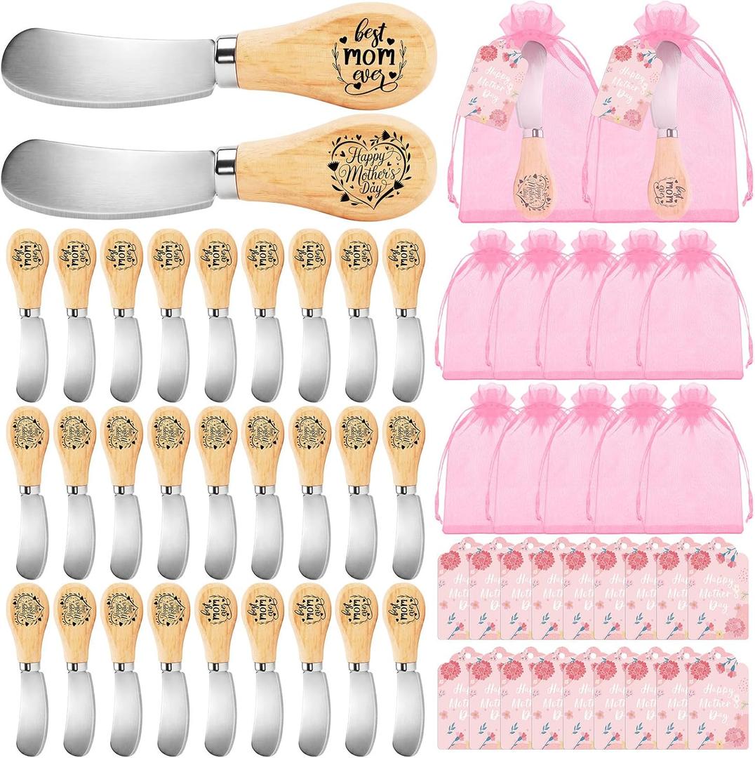 Chumia 40 Sets Mother's Day Party Favors Bulk Gifts for Mother Mom Stainless Steel Butter Knife with Wood Handle with Card Organza Bag Thank You Mom Birthday Xmas Party Supplies Gifts