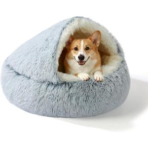 YUDANSI Calming Small Dog Bed & Indoor Cat Bed - Plush Fluffy Hooded Cave Nest, Anti-Slip Self-Warming, Removable Washable Zipper Cover, Built-in No-Collapsing Support (Grey-65cm/26in)