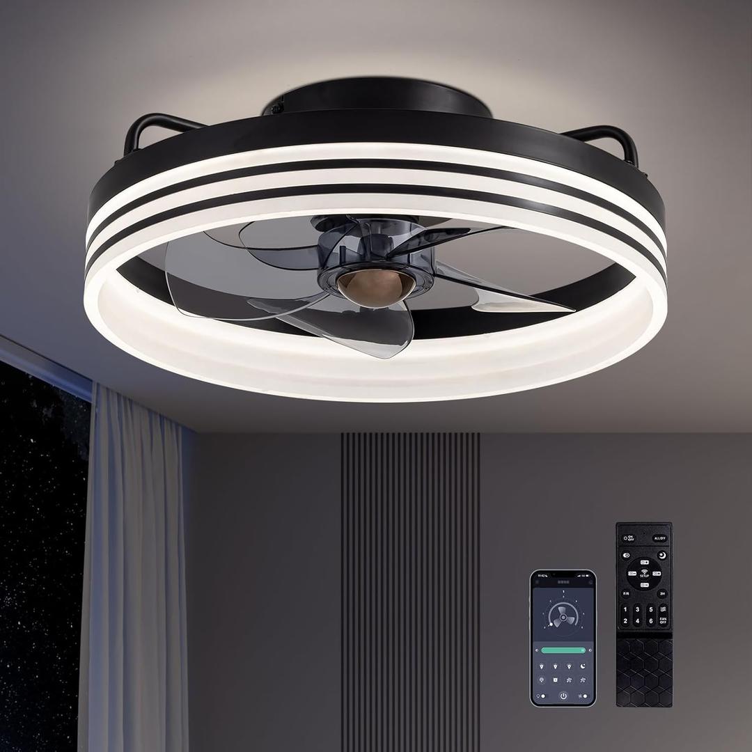 Ceiling Fans with Lights and Remote, Low Profile Ceiling Fan with Stepless Dimming Lighting, 6 Wind Speeds, 15.7 Inch Flush Mount Ceiling Fan for Bedroom (Black)