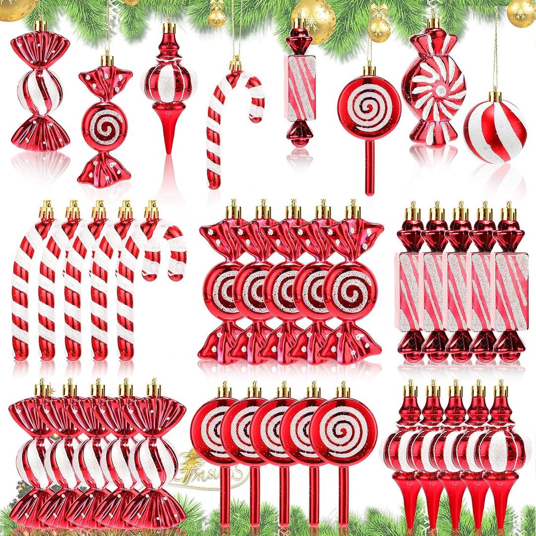 Sliner 48 Pcs Christmas Candy Ornament 3.6''-5.7'' Glitter Candy Cane Peppermint Ornament Bulk Plastic Hanging Lollipop Swirl Decorations with Rope for Xmas Tree Party Favors