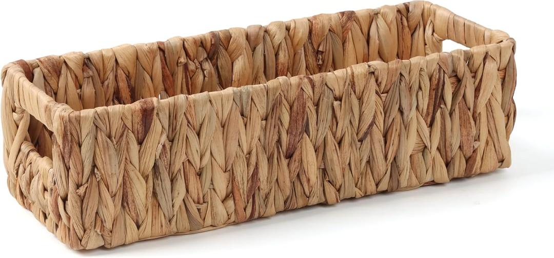 Wicker Storage Baskets with Handle Water Hyacinth Basket for Organizing Decorative Storage Bins for Countertop Toilet Tank Boho Rectangular Home Organizer (Natural, 14.5" x 5.5" x 4.1")