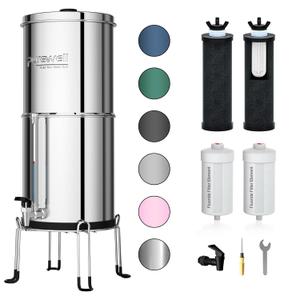 Purewell 8-Stage 0.01m Ultra-Filtration Water Filter System, 304 Stainless Steel Countertop System with 4 Filters, Metal Water Level Spigot and Stand, Reduce Fluoride and Chlorine, 2.25G, PW-OB-CF (Silver)