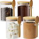 Glass Sugar Container with Spoon - 4 Pack 15oz Glass Jars with Bamboo Lid and Spoon, Bamboo Lid Storage Jar Containers for Coffee Beans, Spice, Brown Sugar, Tea, Flour, Nuts, Candy, Salts and More
