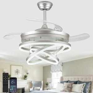 42'' Retractable Ceiling Fan Chandelier Ceiling Fans with Lights and Remote Silent DC Motor, 6 Speed,3 Color Changing Black Diammable Fandaliers for Bedroom Living Room (Chrome)