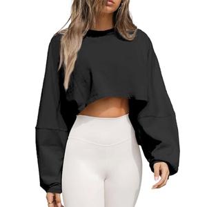 Remidoo Women's Casual Cropped Sweatshirt Long Sleeve Crop Top Crewneck Pullover Shirt Black Small
