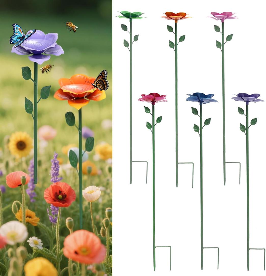 Bee Watering Station, Butterfly Feeder, Metal Bee Water Feeder with Flower Design,Elegant Outdoor Rose Yard & Patio Garden Decor (6PCS)