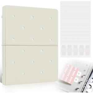 Refillable A5 Binder 6 Ring Cover for Planner Budget Journal Notebook Making with 300 PCS Binder Sheet Converter Sticker, Loose Leaf Cover with 25mm Inner Diameter Ring (Perforated-beige)