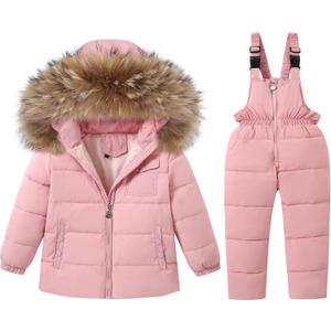 CARETOO Toddler Boys Girls Winter Down Coats Snowsuit Outerwear 2Pcs Clothes Hooded Jacket Snow Ski Bib Pants Outfits Set (1-2T, Pink)