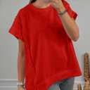 Tankaneo Womens Oversized Short Cap Sleeve T-Shirts Crew Neck Side Slit Tops Summer Casual Loose Fit Tees Tunic Shirts (Large, Red)
