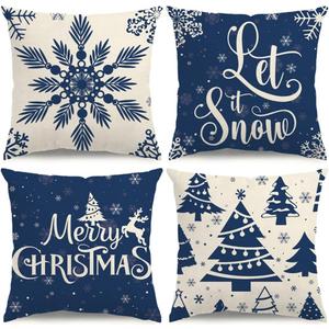 Christmas Pillow Covers 18x18 Blue Christmas Decorations Snowflake Throw Pillow Covers Xmas Tree Winter Holiday Decor Cushion Case for Sofa Couch Set of 4