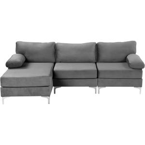 Divano Roma Furniture Modern Velvet L-Shape Sectional Sofa, with Extra Wide Chaise Lounge Couch, Grey