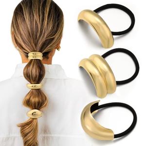 3PCS Gold Hair Ties, Metal Hair Ties for Thick Hair, Elegant Durable Geometric Design, Gold Hair Accessories Stretchy and Non-Damage Ponytail Cuff Holders, 3 Styles in Box Holiday Gifts (Gold Set 01)