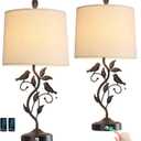 RORIANO 27" Set of 2 Touch Farmhouse Table Lamps for Living Room with 3-Way Dimmable 2 USB Ports, Vintage Rustic Iron Leaf Nightstand Lamp for Bedroom, LED Bulb Included (Bronze)