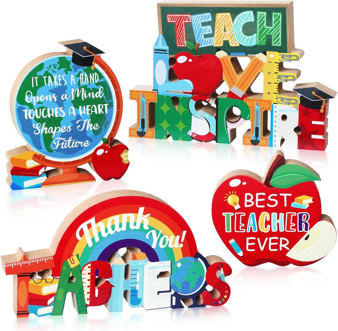 Amyhill 4 Pcs Teacher Appreciation Gifts Wooden Table Centerpieces Decorations Thank You Best Teacher Favors for Women Men Home School Classroom Desk Decor(Block)