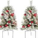 Flocked Christmas Tree 30 inch Prelit 2 Set Pathway Porch Christmas Trees Pre-Light LED Battery Operated Outdoor Xmas Decor for Entrance Driveway, Yard, Garden, Red Berries, Pine Cones