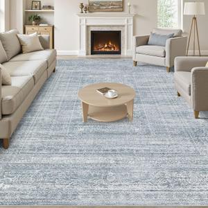 10x12 Area Rug Living Room: Washable Large Vintage Blue Rug Neutral Non-Slip Soft Stain Resistant Indoor Carpet for Bedroom Nursery Dining Room Under Table Bed Home House Office Playroom, Blue
