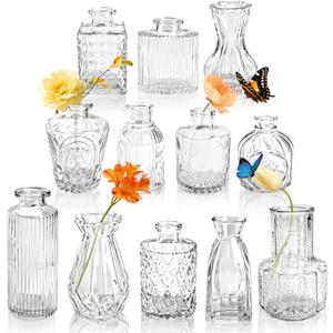 Der Rose Glass Bud Vases Set of 12, Small Bud Vases for Flowers, Rustic Wedding Centerpieces and Home Decor (Clear)
