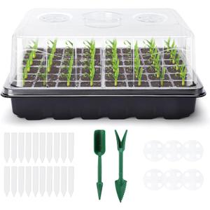 Delxo 3 Pack Seed Starter Kit Large Seedling Starter Tray(144 Cells) Total with Humidity Domes - Adjustable Vents & Deep Base Germination Kit for Indoor Gardening - Includes 10 Tags & Tools
