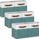 11 Inch Cube Storage Bin - 6 Pack - Linen Fabric 11x11 Cube Storage Bins for Bedroom, Living Room, Clothes and Toys; Foldable, Dual Leather Handles (White & Teal)