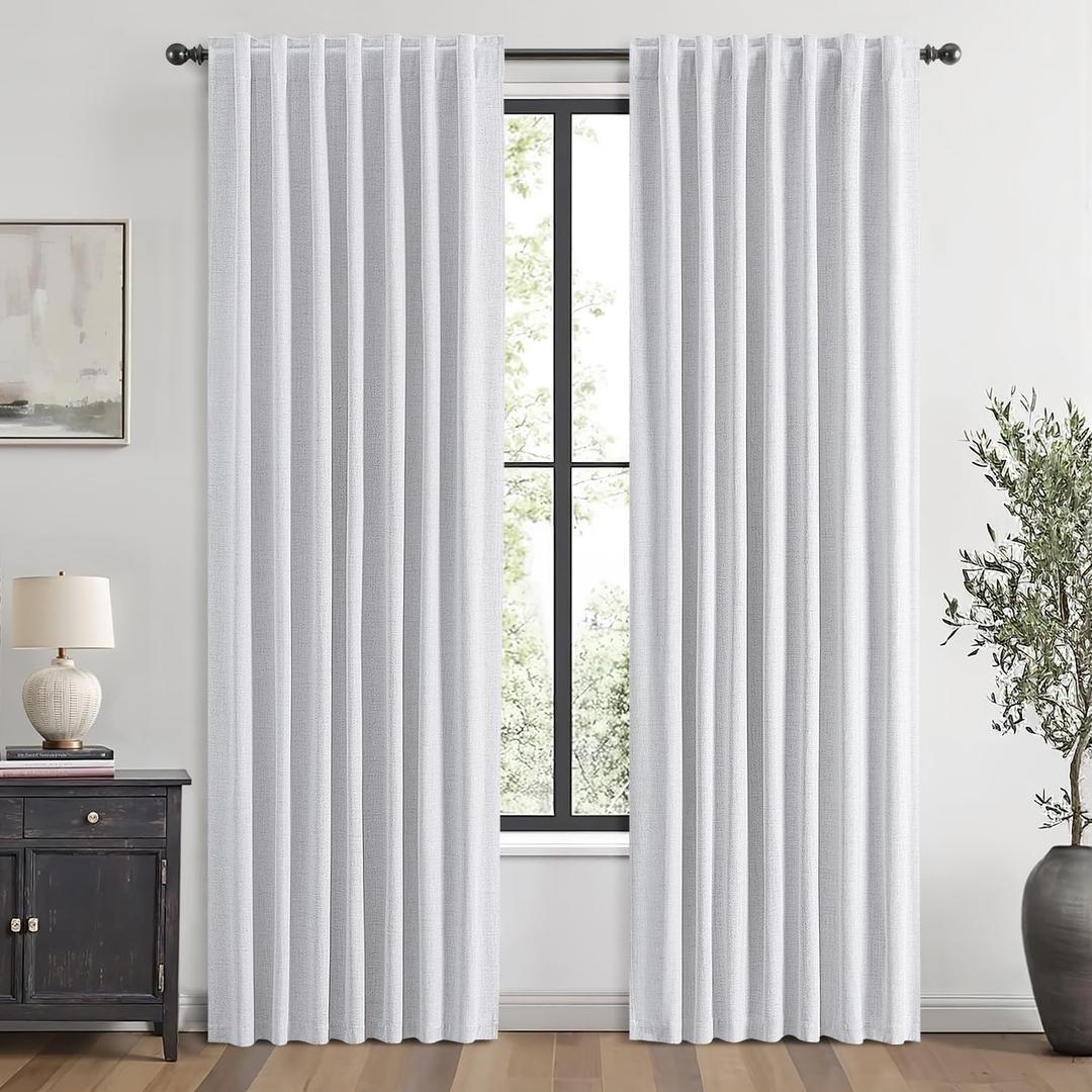 MIULEE 100% Blackout Linen Curtains for Bedroom, Grayish White Solid Luxury Decor Thermal Insulation Room Darkening Drapes for Living Room Nursery Back Tab Rod Pocket 42 x 84 Inches, 2 Panels