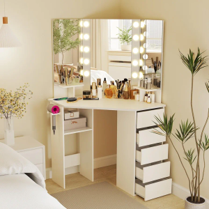 MAT EXPERT Corner Vanity Desk, Girls Vanity Table with Mirror, Lighting, Hair Dryer Holder, Makeup Station with 5 Drawers, Storage Shelves, Charging, Makeup Vanity Set for Bedroom, Small Space (White) (Box 2 of 2)