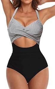 Eomenie Women's One Piece Swimsuits Tummy Control Cutout High Waisted Bathing Suit Wrap Tie Back 1 Piece Swimsuit Black Striped medium
