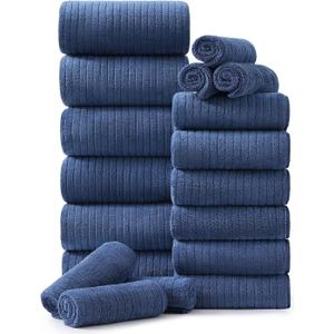 Hailea 18 Piece Family Bath Towel Set Include 6 Bath Towels,6 Hand Towels and 6 Washcloths Soft Bathroom Towel with Hanging Loops,Highly Absorbent Quick Dry Towels Set for Bathroom,Hotel and Spa-Navy