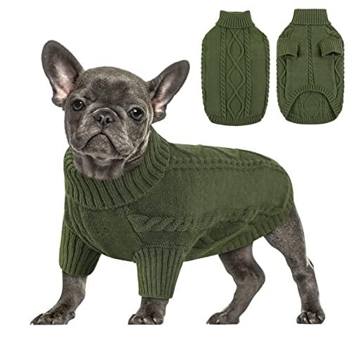 Queenmore Small Dog Pullover Sweater, Cold Weather Cable Knitwear, Classic Turtleneck Thick Warm Clothes for Chihuahua, Bulldog, Dachshund, Pug (Army Green, Large)