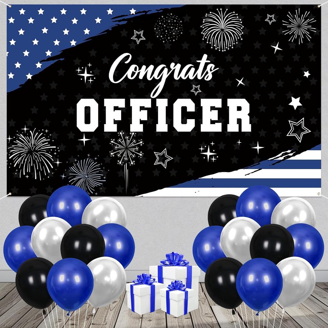 Police Party Decorations Congrats Officer Banner with 14Pcs Latex Balloons Black White and Blue American Flag Police Academy Graduation Party Decor for Law Enforcement Celebrations