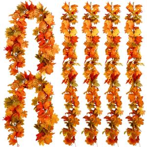 PARTY JOY 6PCS Orange Leaf Garland, 5.6Ft Halloween Garland Artificial Maple Leaf Autumn Hanging Fall Vines Thanksgiving Decorations Fall Decor