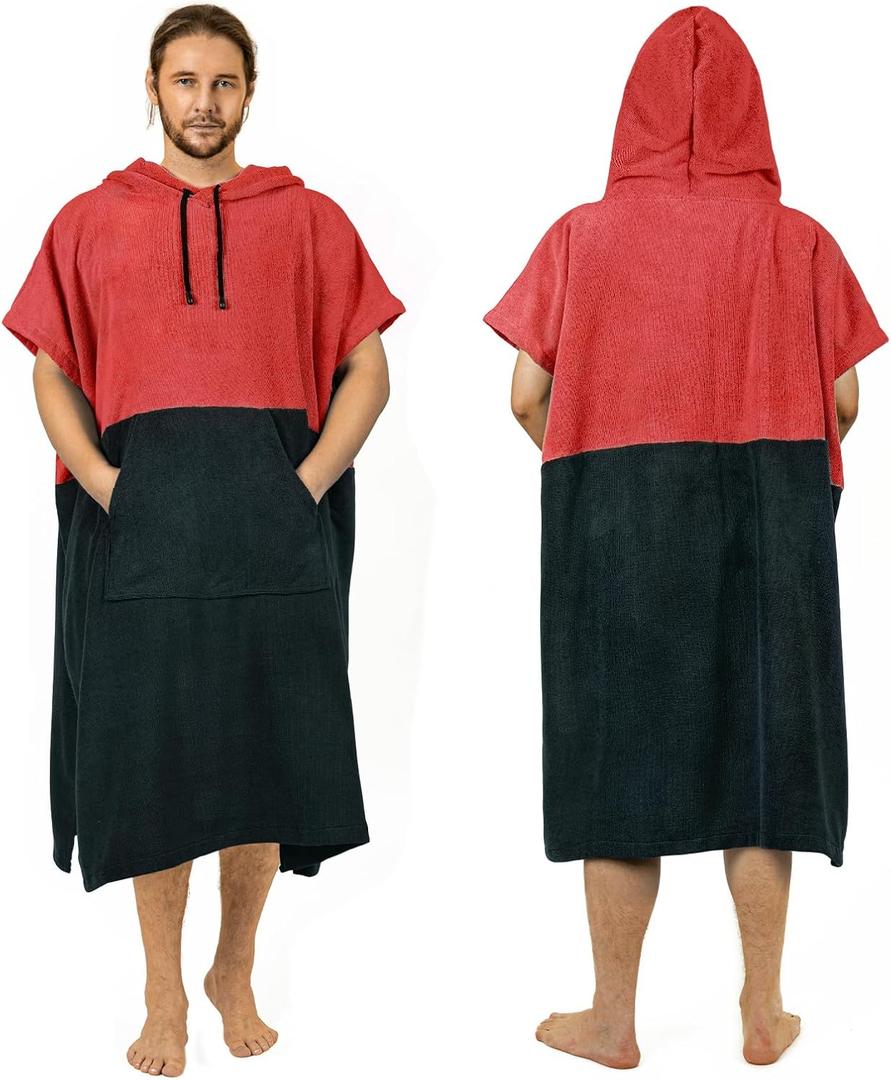 Surf Poncho Changing Robe Extra Large Thick Towel Poncho for Men Women with Hood Pocket for Beach Swimming, 47"x37", Black Coral Red
