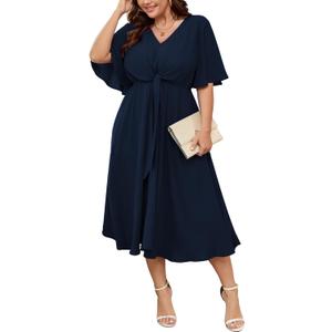SCOMCHIC Women Plus Size Midi Dresses Wedding Guest Short Sleeve V Neck Tie Waist Casual Summer Flowy A Line Dress XL