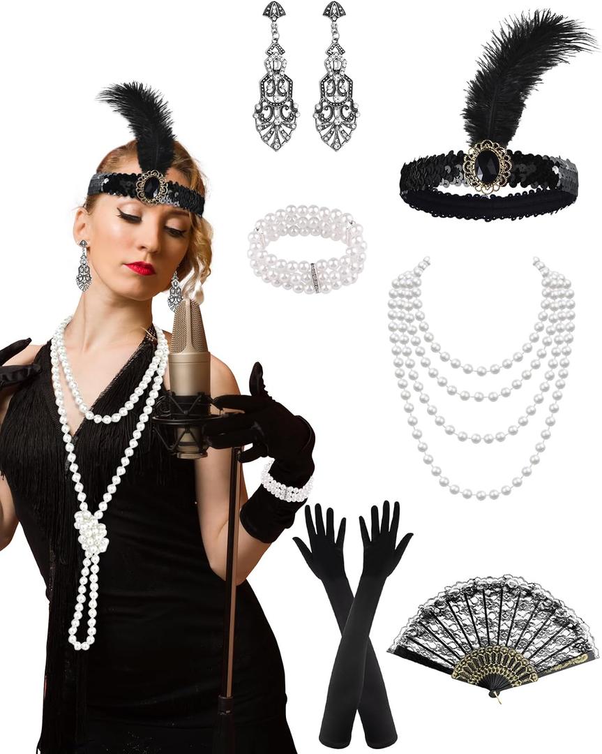 PLULON 1920s Accessories for Women, Great Gatsby Flapper Dress Accessories Fashion Roaring 20s Costume for Women (Black)