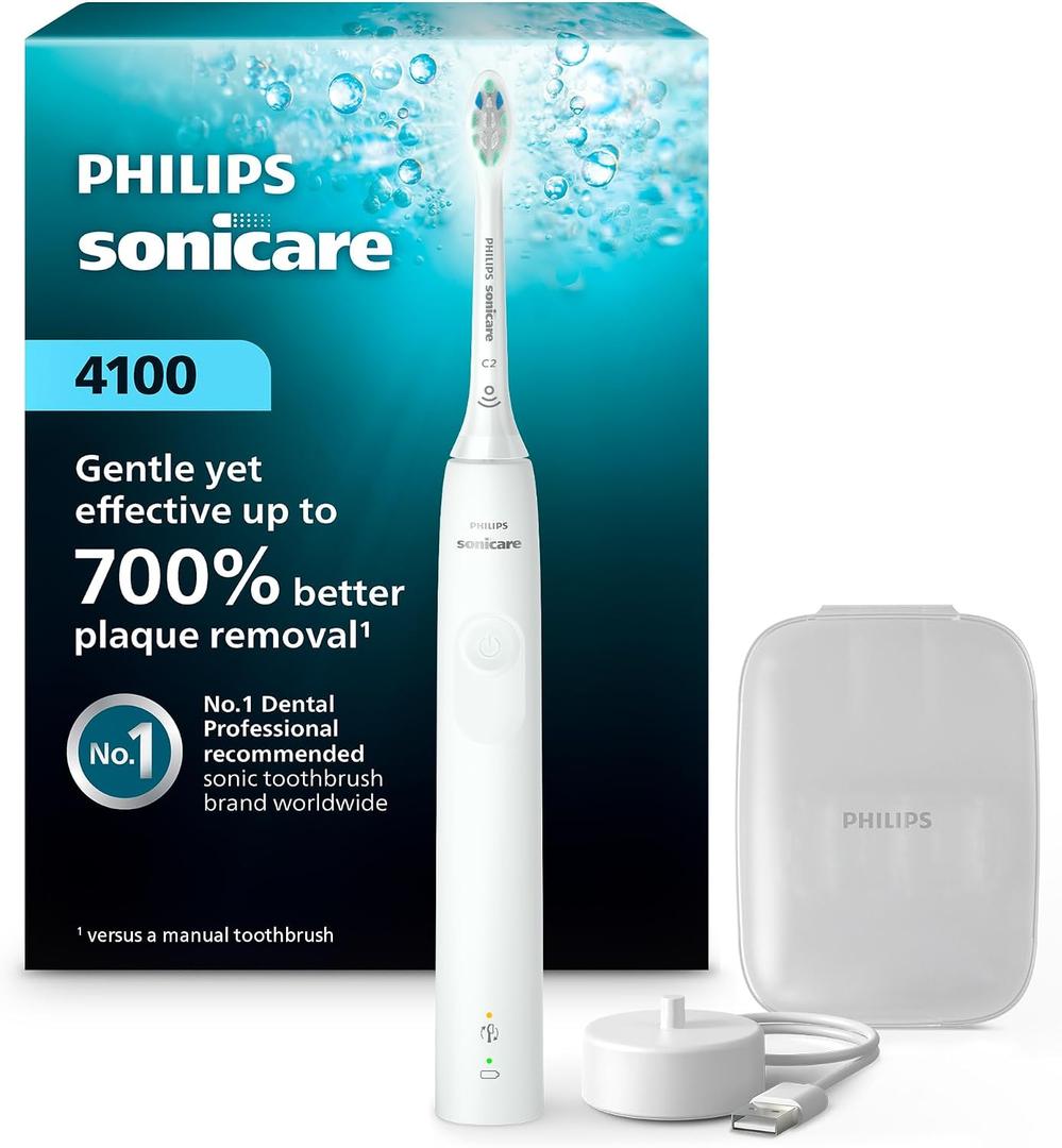 Philips Sonicare 4100 Rechargeable Electric Toothbrush, Advanced Plaque Removal, Pressure Sensor, Includes Brush Head Case, White BD5002AZ