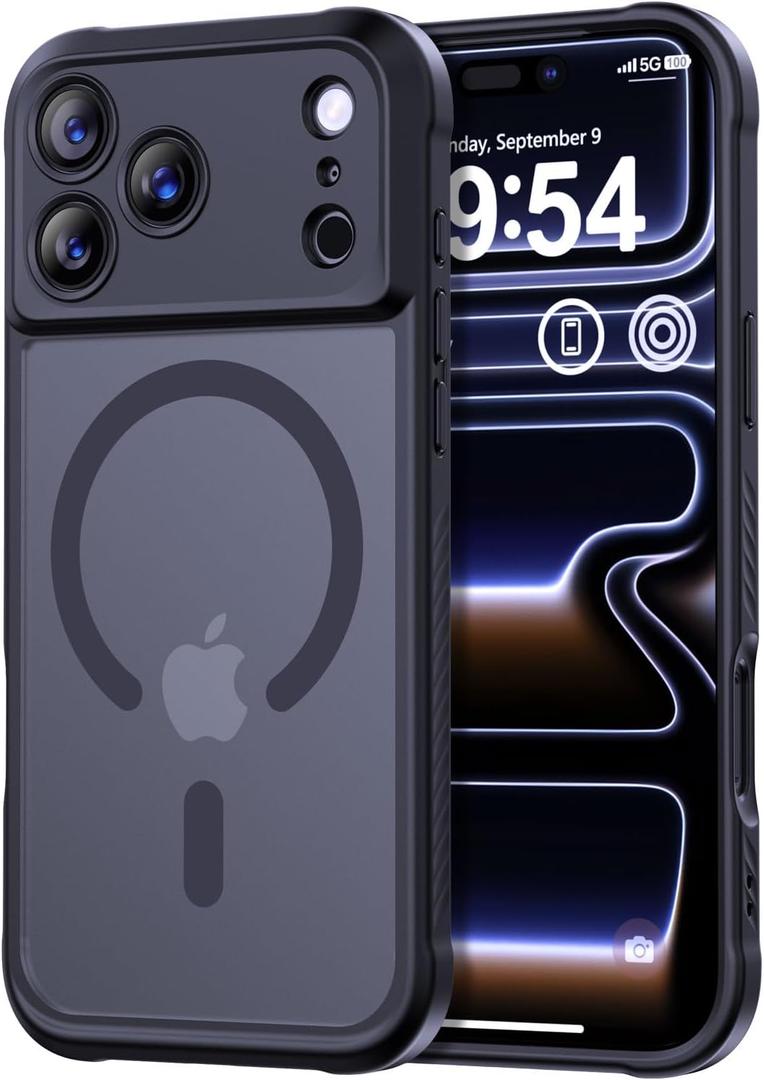 Thomo Magnetic for iPhone 17 Pro Case, [Compatible with Magsafe] [Full Camera Protection] Translucent Matte Military Grade Shockproof with Anti-Fingerprint Phone Cover 2025, Black