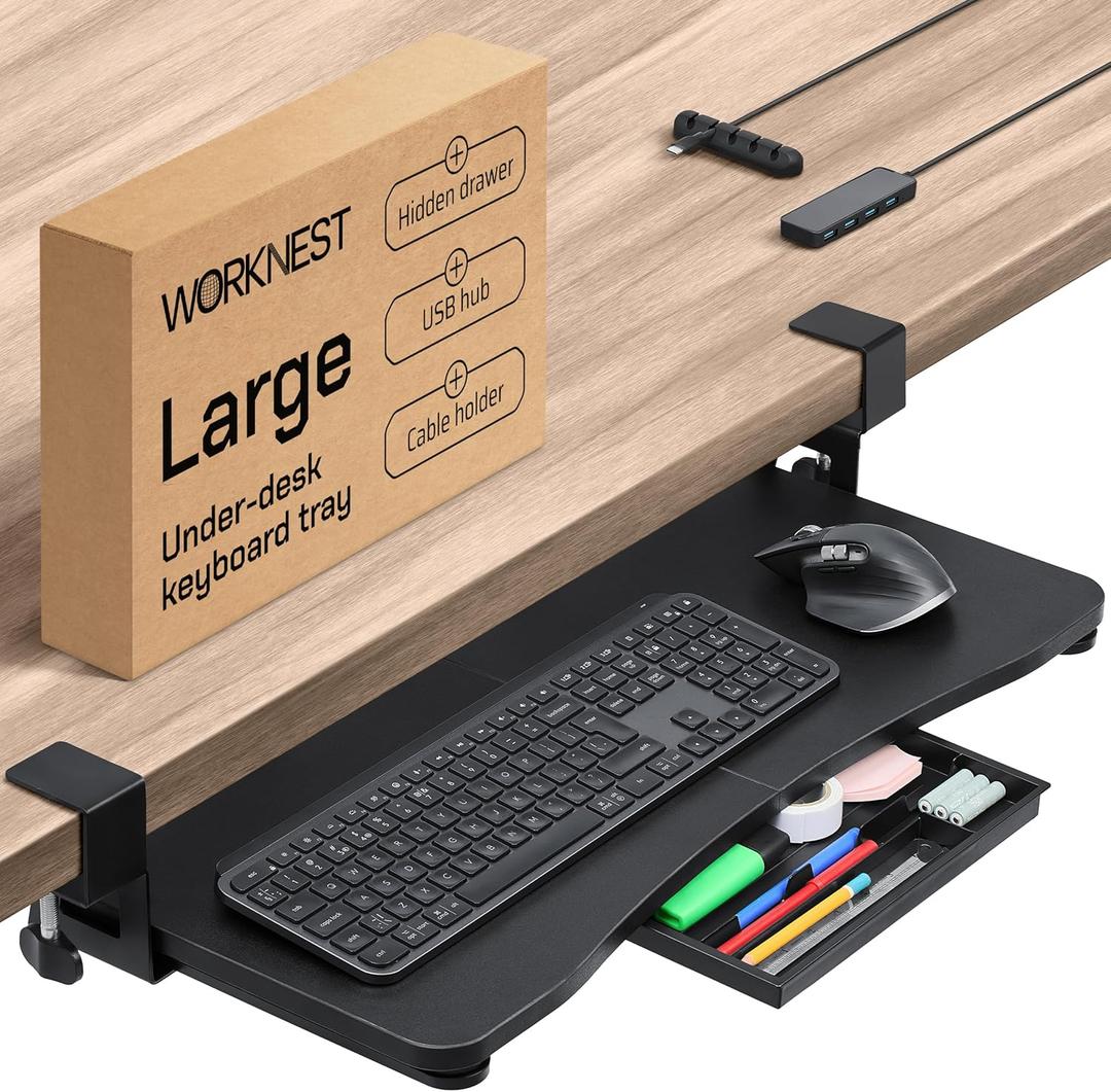 WORKNEST Keyboard Tray | Under Desk Keyboard Tray Slide Out w/Adjustable CClamps for Desks Up to 1.5InchThick | Clamp On Drawer with 1x USBC to 4 USBA Hub and 1x FiveCable Management Organizer