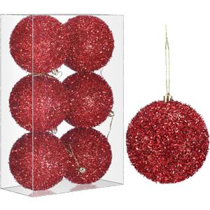 6 Pcs 4 Inch Christmas Tree Tinsel Ornaments for Tree Glitter Sequin Hanging Ornaments Christmas Tinsel Balls Decorations Shatterproof for Xmas Party Holiday Decor(Red)
