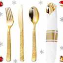 WELLIFE 50 Pack Gold Plastic Silverware with Pre Rolled Napkins,Hammer Pattern Design,Plastic Cutlery Includes: 50 Forks,50 Knives,50 Spoons,50 Napkins,Gold Silverware Disposable for Christmas