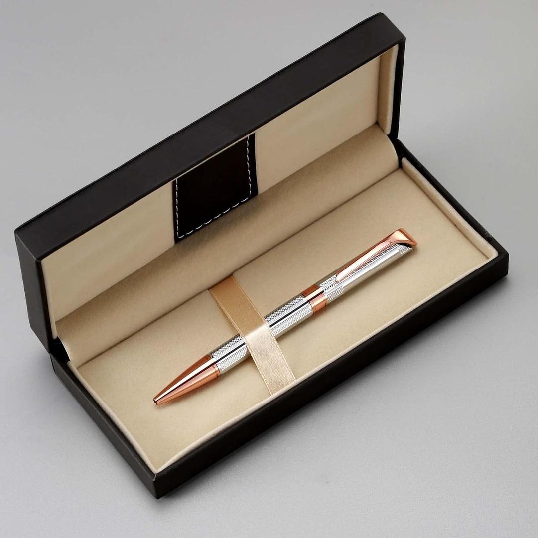 Ballpoint Pen with Gift Box, Retractable Pen for Men Women Executive Business Office School Supplies, Refillable 1.0mm Black Ink B5 (Rose Gold+Silver)