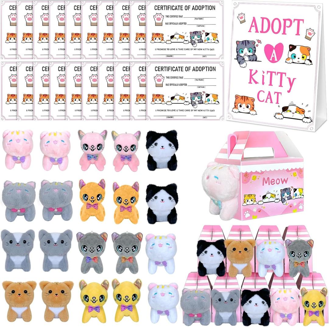 63 Pcs Adopt a Cat Party Favors Include 20 Foldable Kitten Boxes 20 Mini Stuffed Cats 20 Card 1 Sign 2 Fence for Adopt a Kitty Party Favors Cat Supplies Gifts