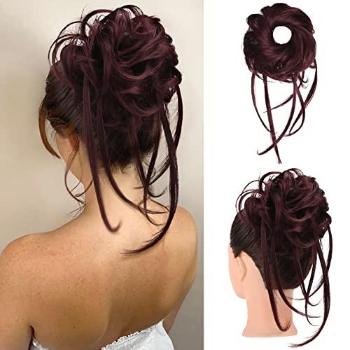 HOOJIH Messy Bun Hair Piece, Super Long Tousled Updo Bun Extensions Wavy Wrap Ponytail Hairpieces Scrunchies with Elastic Hair Band for Women HB007 Grace - WineRed