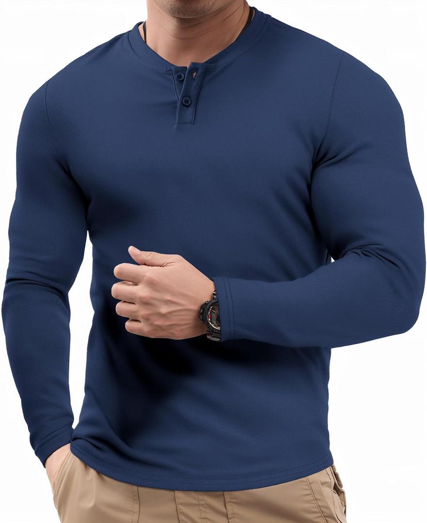 JMIERR Mens Muscle Slim Henley Shirt Button V-Neck Long Sleeve Gym Workout Athletic T Shirts (Blue, XXXL)