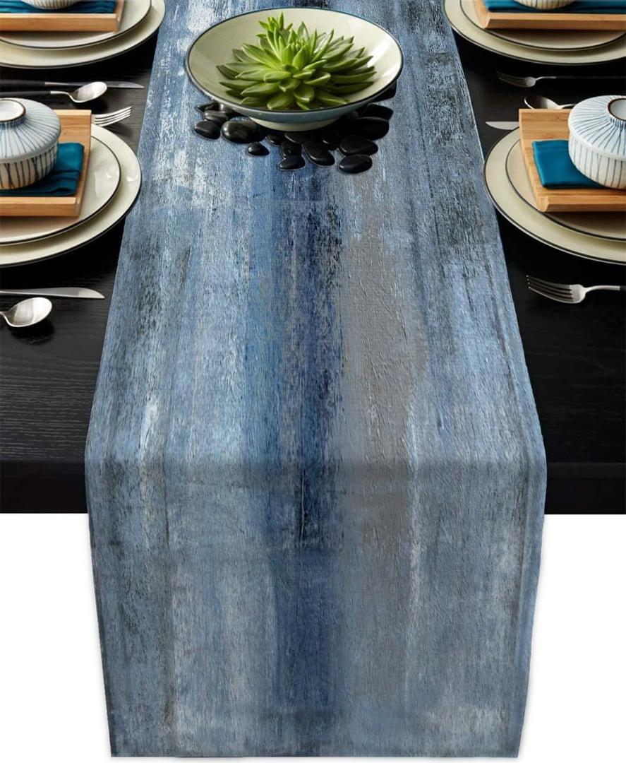 Blue Grey Table Runners Modern Art Farmhouse Linen Table Runners Dresser Scarves Retro Rustic Style for Party Kitchen Dining Table Coffee Holiday Party Decor (13"x 90", Blue Grey)